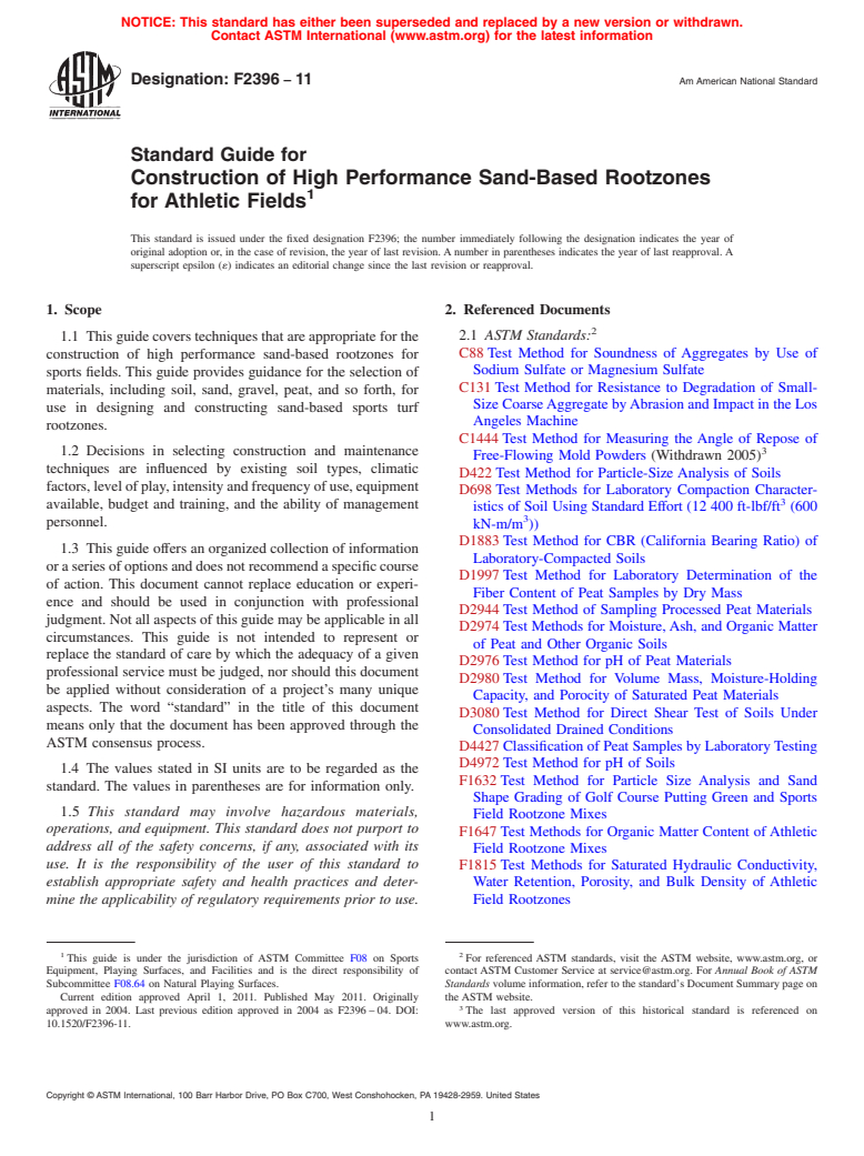 ASTM F2396-11 - Standard Guide for Construction of High Performance Sand-Based Rootzones for Athletic Fields