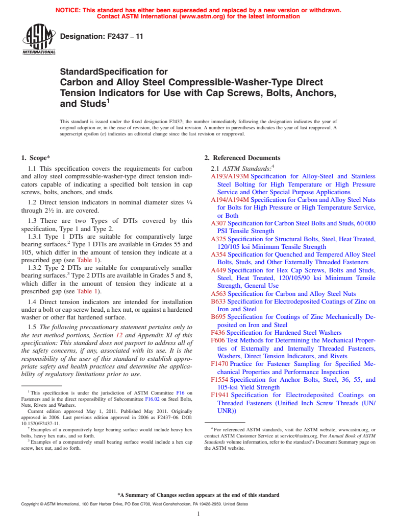 ASTM F2437-11 - Standard Specification for Carbon and Alloy Steel Compressible-Washer-Type Direct Tension Indicators for Use with Cap Screws, Bolts, Anchors, and Studs