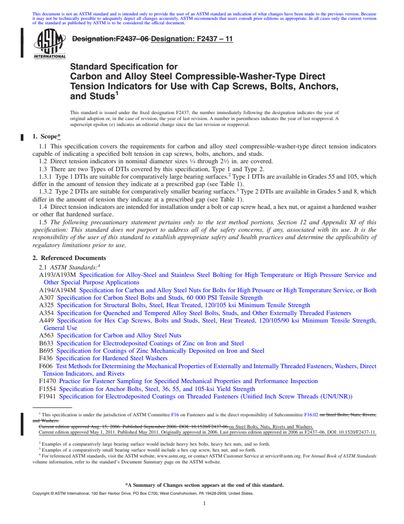 REDLINE ASTM F2437-11 - Standard Specification for Carbon and Alloy Steel Compressible-Washer-Type Direct Tension Indicators for Use with Cap Screws, Bolts, Anchors, and Studs