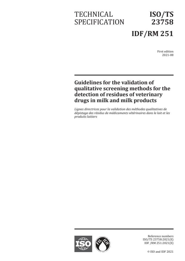 ISO/TS 23758:2021 - Guidelines for the validation of qualitative screening methods for the detection of residues of veterinary drugs in milk and milk products