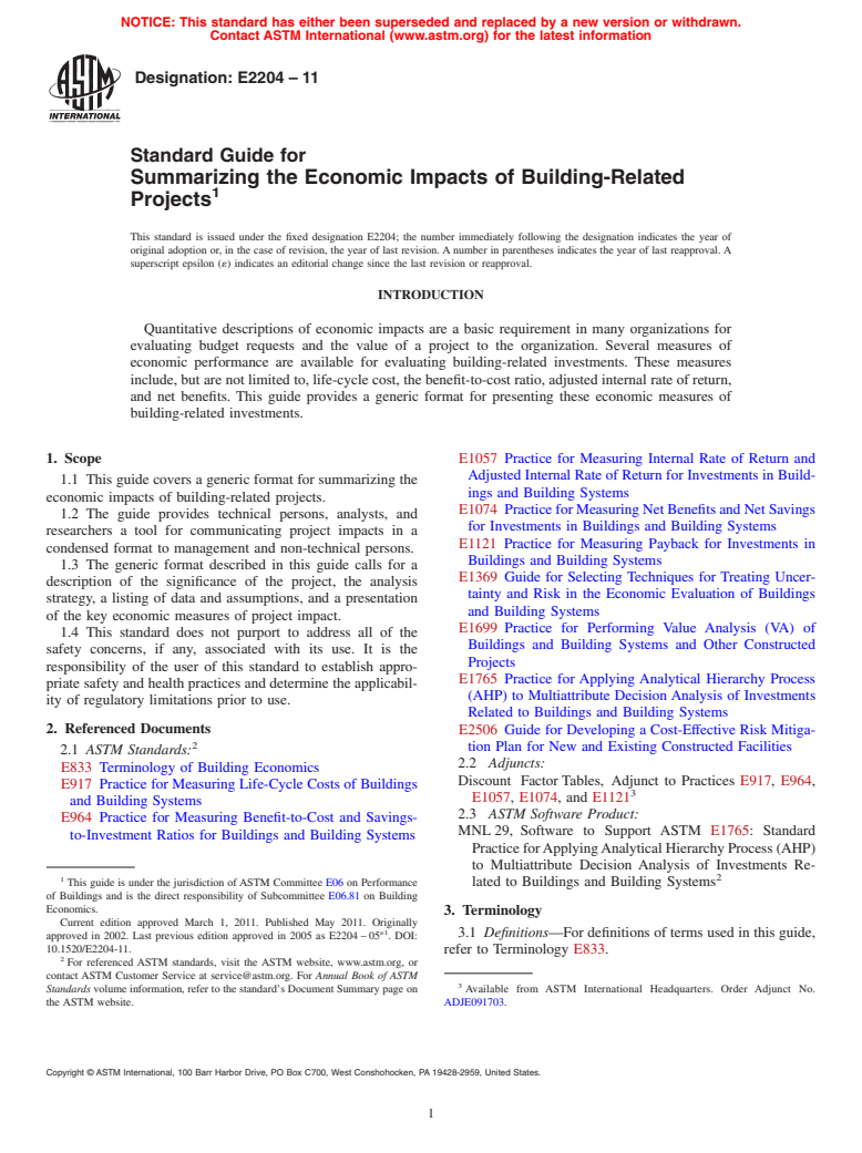 ASTM E2204-11 - Standard Guide for Summarizing the Economic Impacts of Building-Related Projects