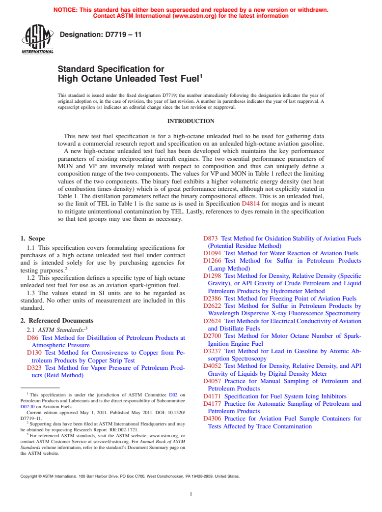 ASTM D7719-11 - Standard Specification for High Octane Unleaded Test Fuel