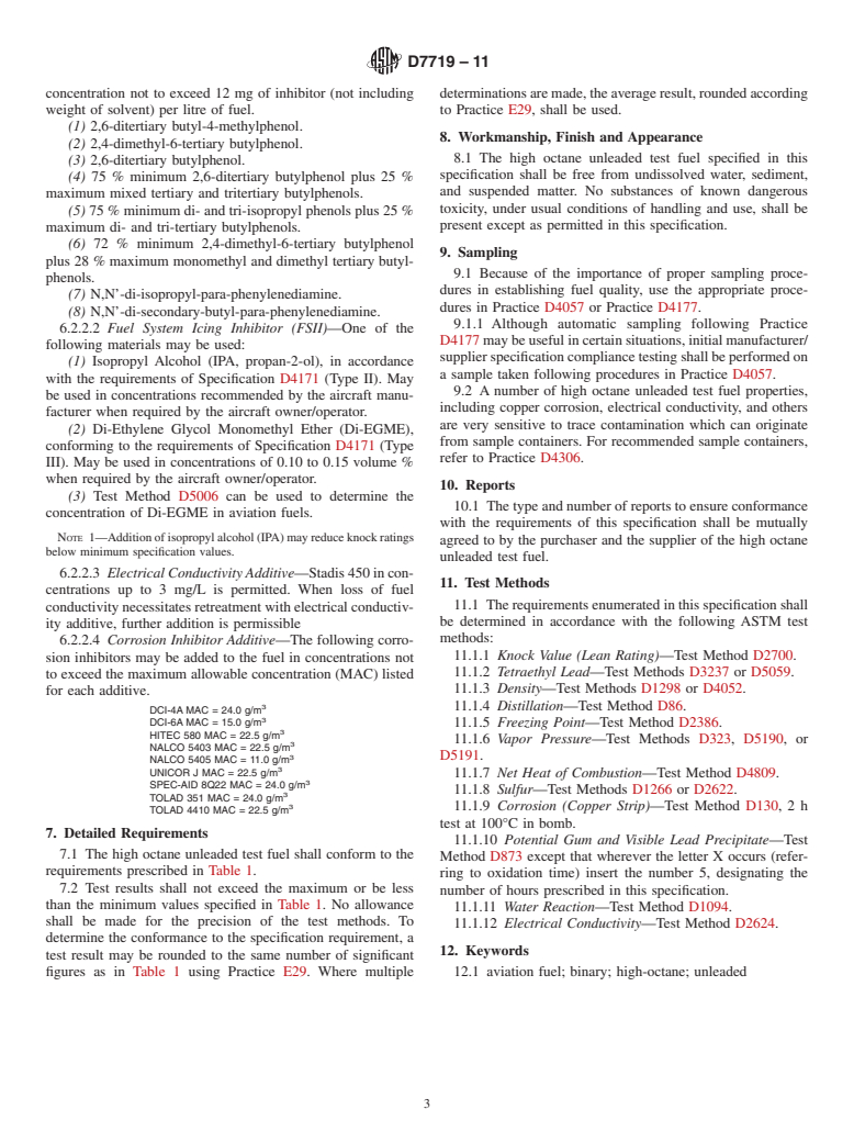 ASTM D7719-11 - Standard Specification for High Octane Unleaded Test Fuel