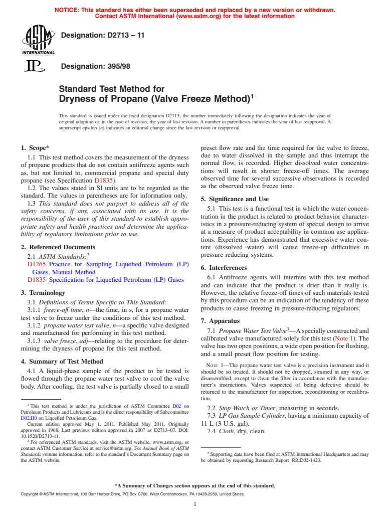 ASTM D2713-11 - Standard Test Method for  Dryness of Propane (Valve Freeze Method)