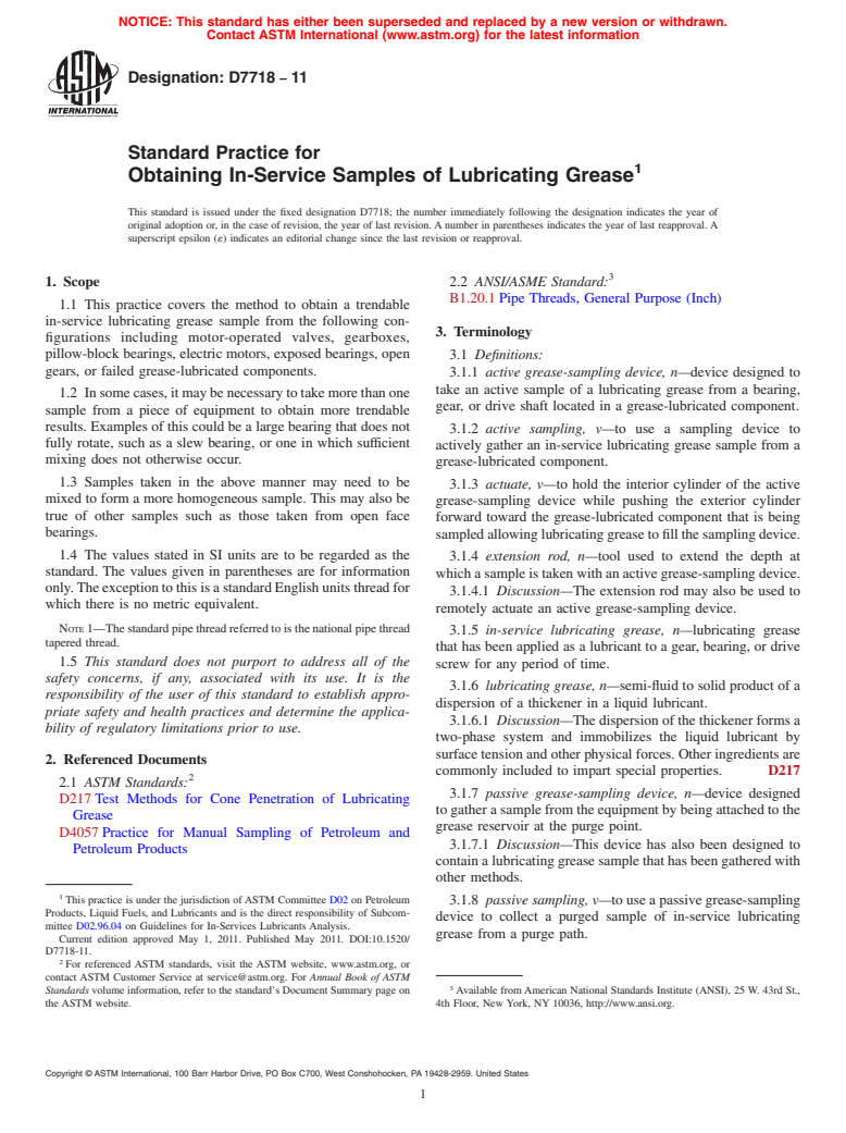 ASTM D7718-11 - Standard Practice for Obtaining In-Service Samples of Lubricating Grease