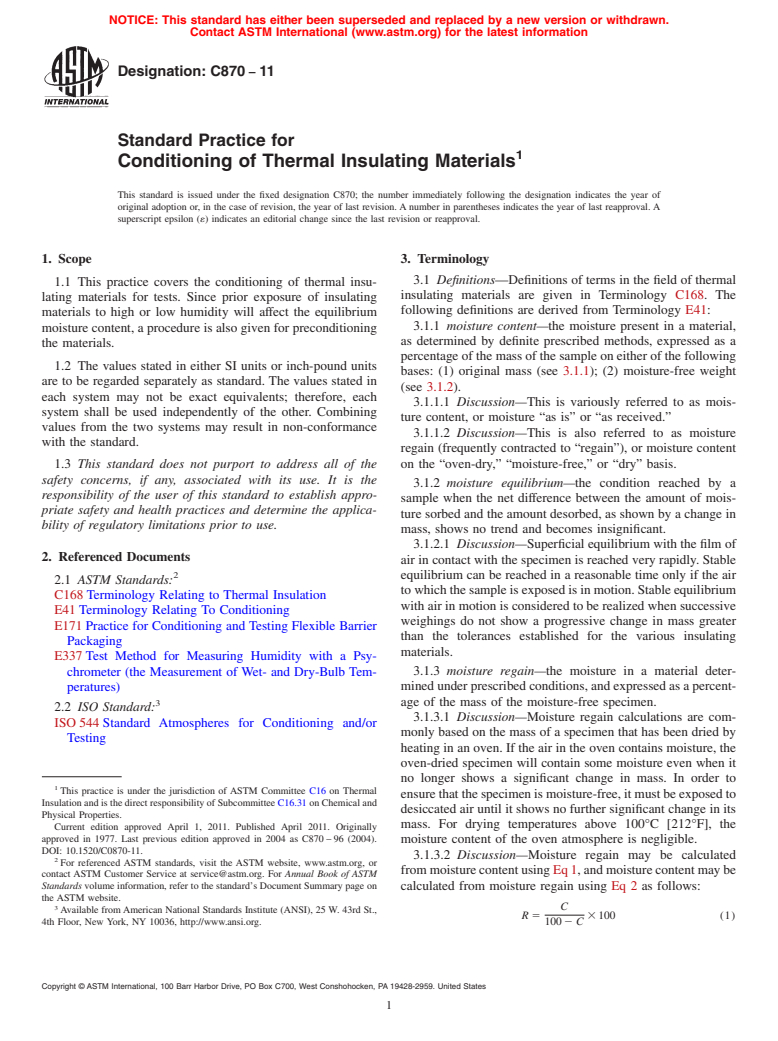 ASTM C870-11 - Standard Practice for Conditioning of Thermal Insulating Materials