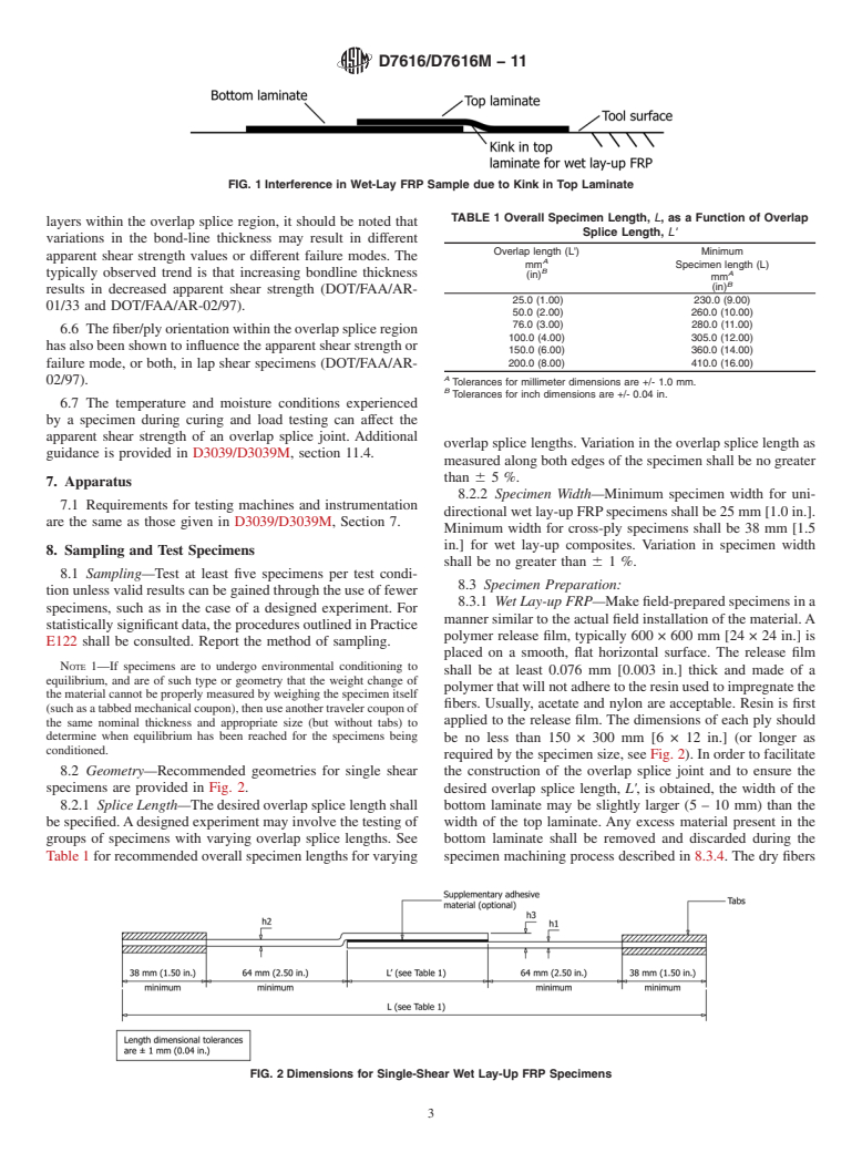 ASTM D7616/D7616M-11 - Standard Test Method for Determining Apparent Overlap Splice Shear Strength Properties of Wet Lay-Up Fiber-Reinforced Polymer Matrix Composites Used for Strengthening Civil Structures