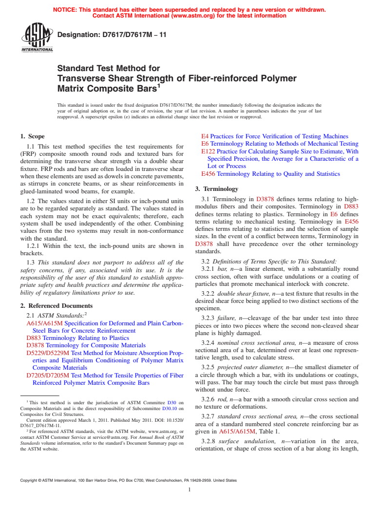 ASTM D7617/D7617M-11 - Standard Test Method for Transverse Shear Strength of Fiber-reinforced Polymer Matrix Composite Bars