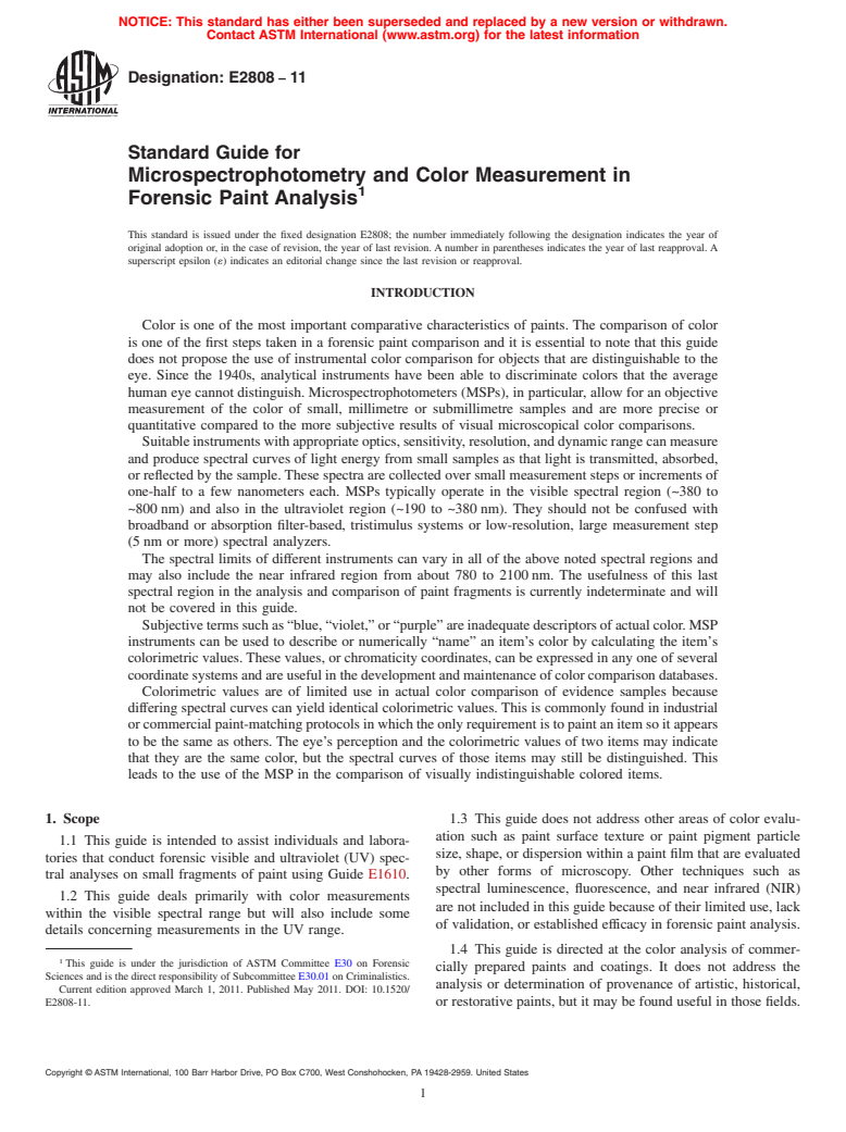 ASTM E2808-11 - Standard Guide for Microspectrophotometry and Color Measurement in Forensic Paint Analysis
