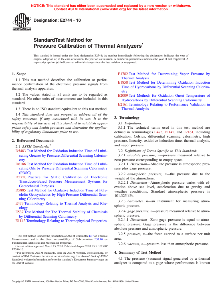 ASTM E2744-10 - Standard Test Method for Pressure Calibration of Thermal Analyzers