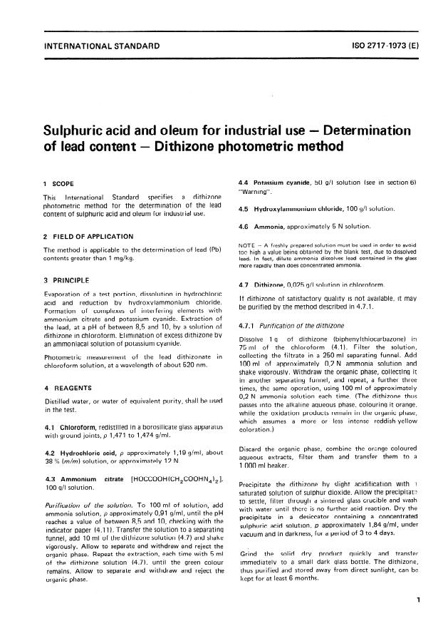 ISO 2717:1973 - Sulphuric acid and oleum for industrial use -- Determination of lead content -- Dithizone photometric method