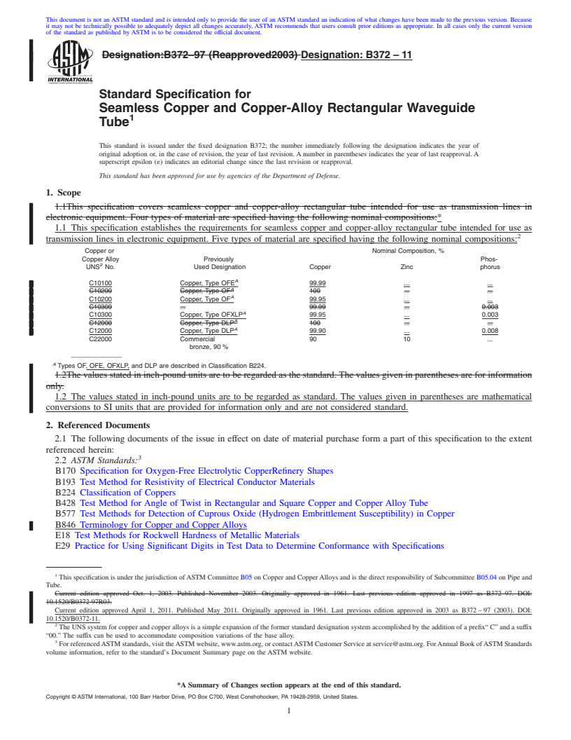 REDLINE ASTM B372-11 - Standard Specification for Seamless Copper and Copper-Alloy Rectangular Waveguide Tube