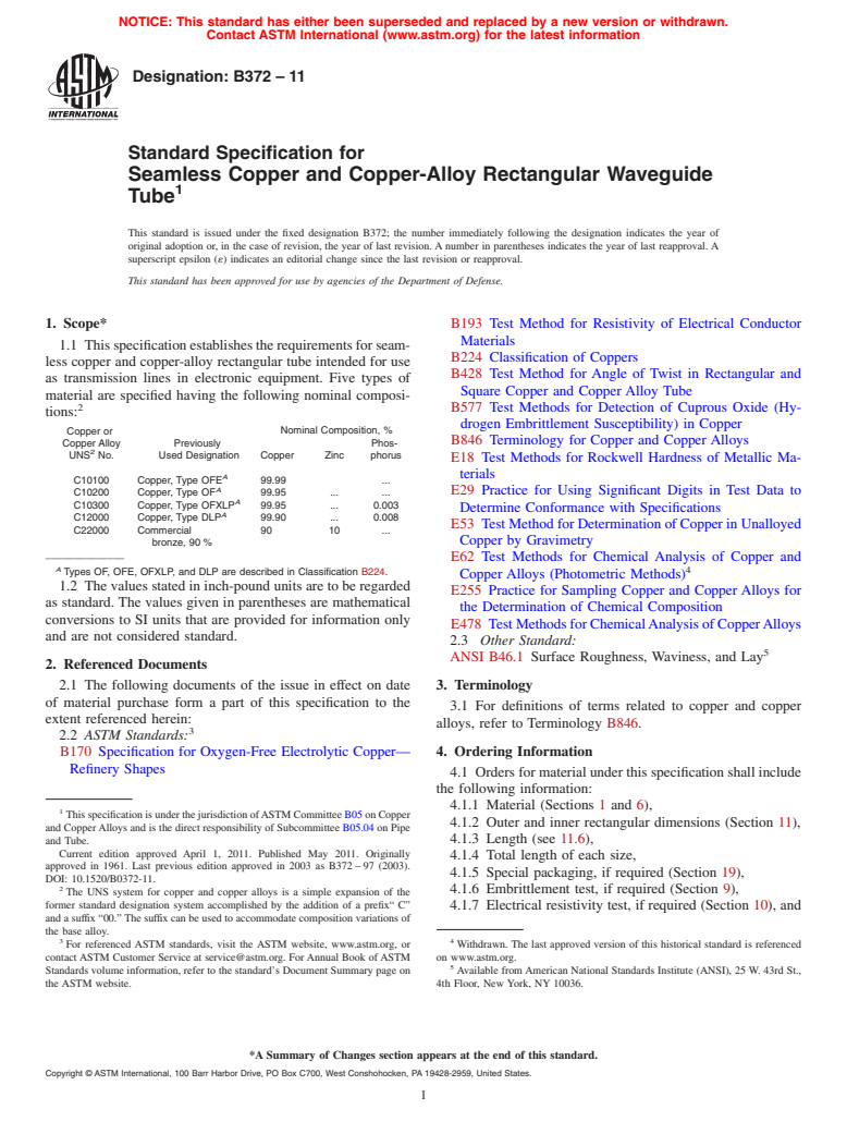 ASTM B372-11 - Standard Specification for Seamless Copper and Copper-Alloy Rectangular Waveguide Tube