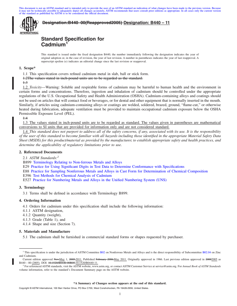 REDLINE ASTM B440-11 - Standard Specification for Cadmium