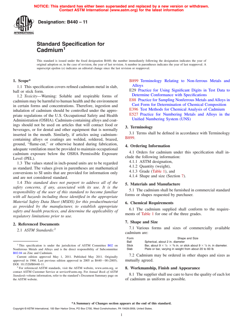 ASTM B440-11 - Standard Specification for Cadmium