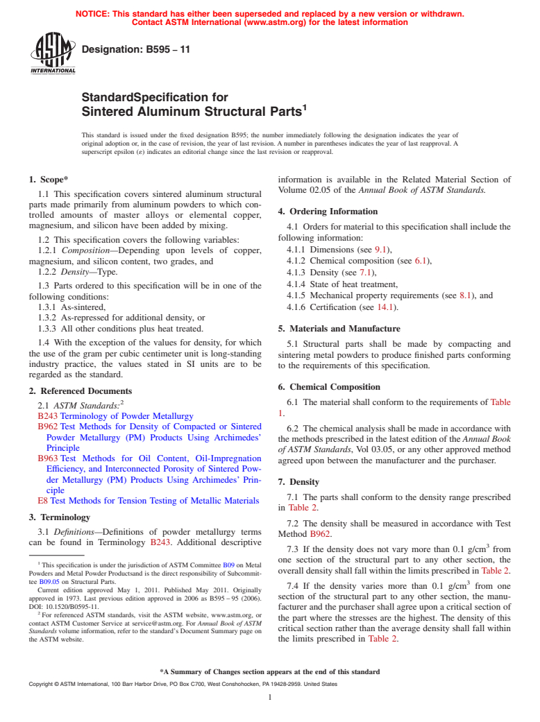 ASTM B595-11 - Standard Specification for Sintered Aluminum Structural ...