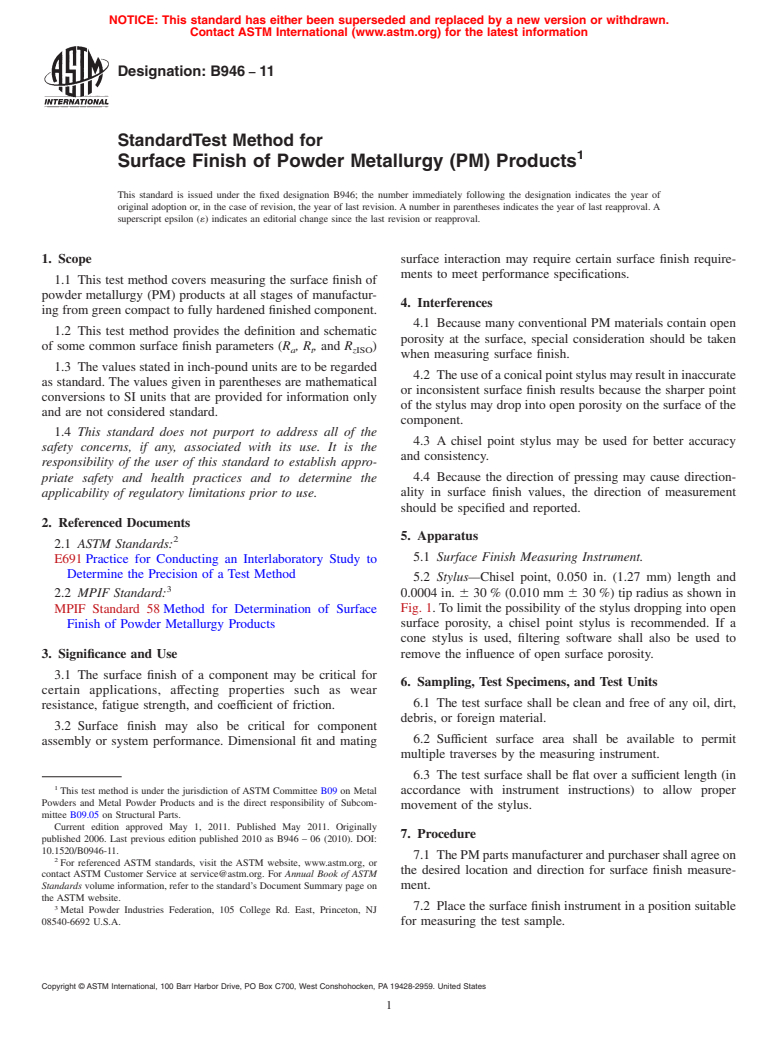 ASTM B946-11 - Standard Test Method for Surface Finish of Powder Metallurgy (P/M) Products