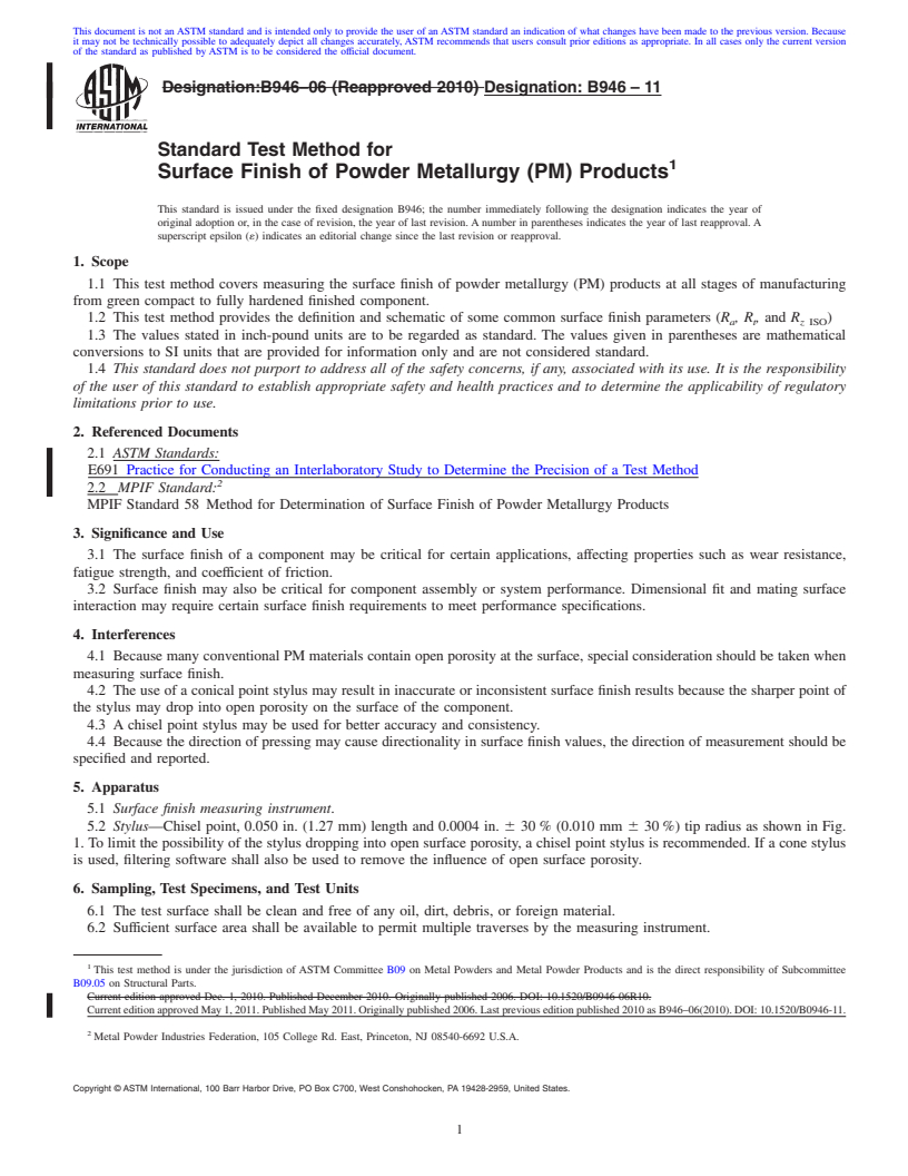 REDLINE ASTM B946-11 - Standard Test Method for Surface Finish of Powder Metallurgy (P/M) Products