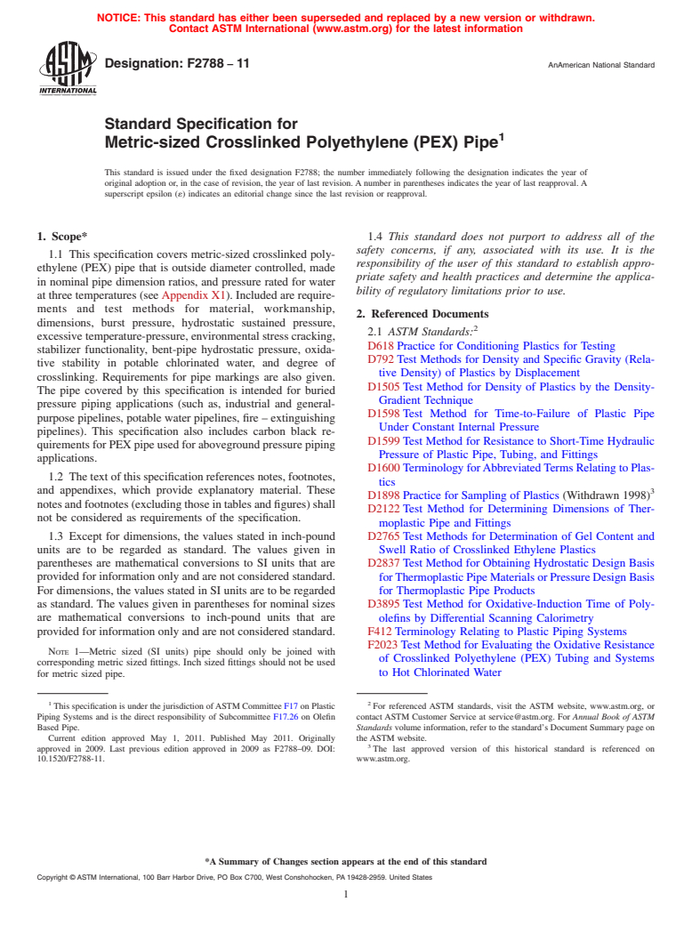 ASTM F2788-11 - Standard Specification for Metric-sized Crosslinked Polyethylene (PEX) Pipe