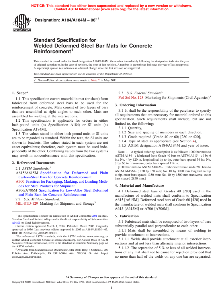 ASTM A184/A184M-06e1 - Standard Specification for Welded Deformed Steel Bar Mats for Concrete Reinforcement
