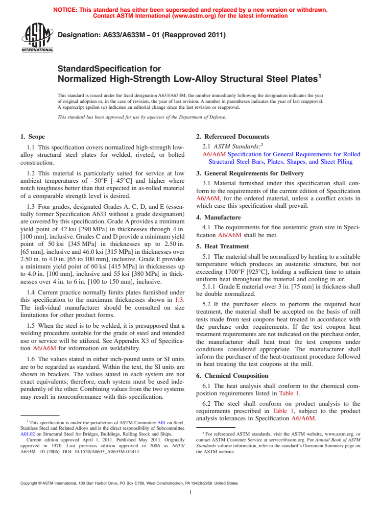 ASTM A633/A633M-01(2011) - Standard Specification for Normalized High-Strength Low-Alloy Structural Steel Plates