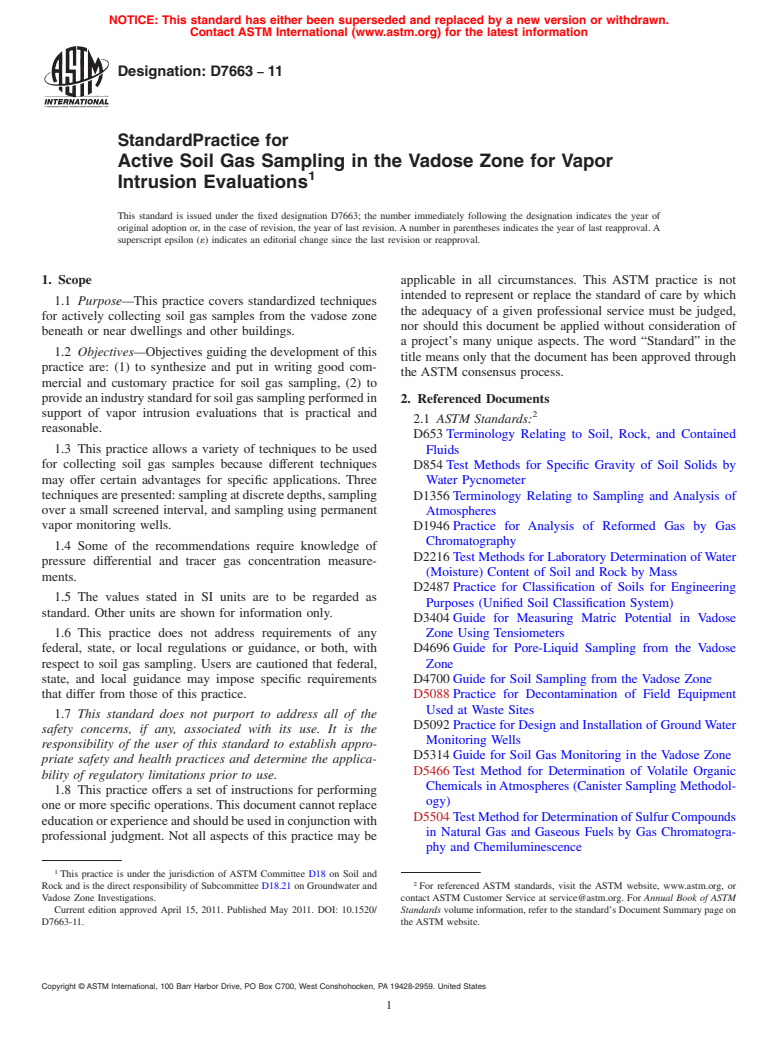 ASTM D7663-11 - Standard Practice for Active Soil Gas Sampling in the Vadose Zone for Vapor Intrusion Evaluations