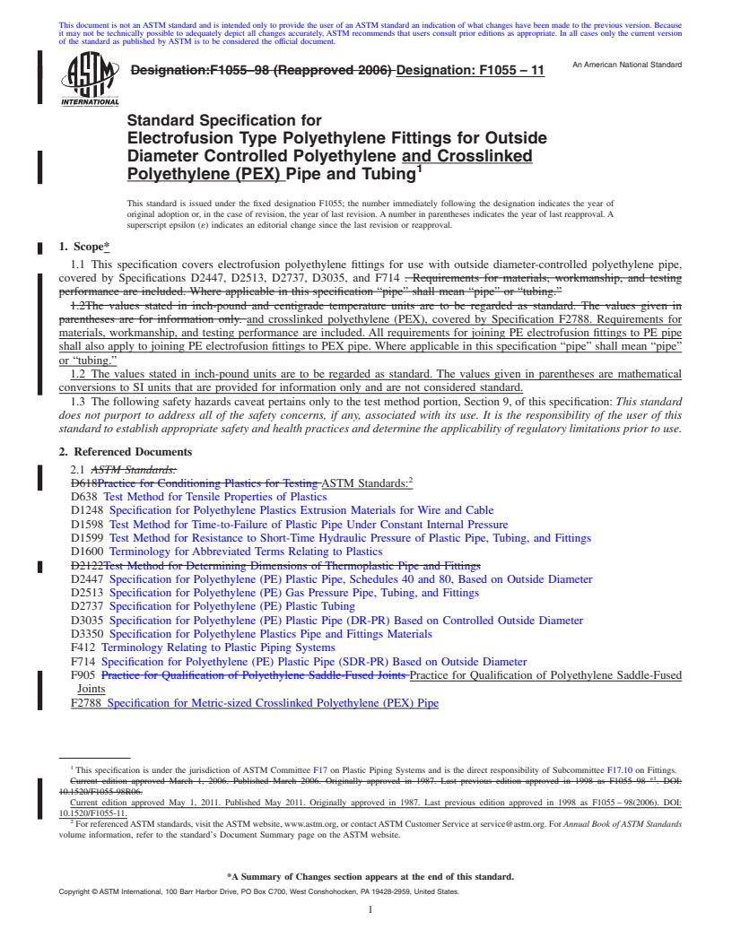 REDLINE ASTM F1055-11 - Standard Specification for  Electrofusion Type Polyethylene Fittings for Outside Diameter Controlled Polyethylene and Crosslinked Polyethylene (PEX) Pipe and Tubing