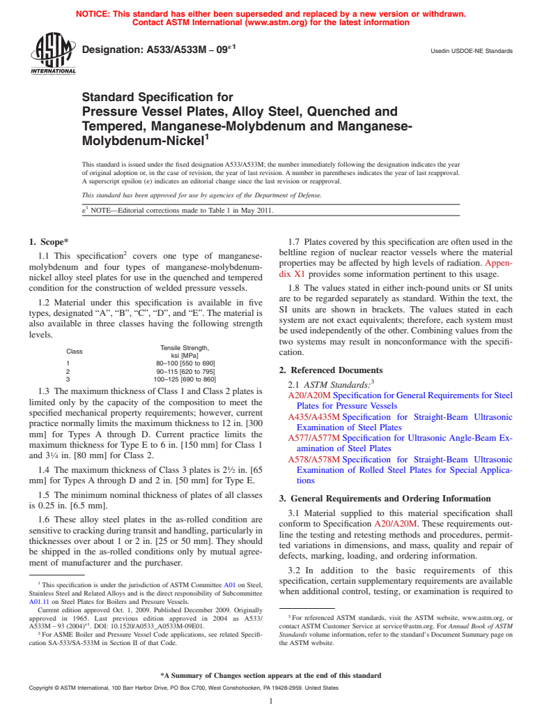 ASTM A533/A533M-09e1 - Standard Specification for Pressure Vessel Plates, Alloy Steel, Quenched and Tempered, Manganese-Molybdenum and Manganese-Molybdenum-Nickel