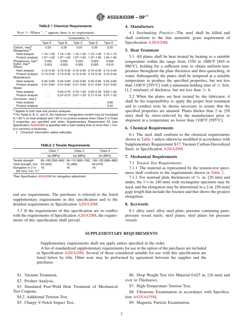 ASTM A533/A533M-09e1 - Standard Specification for Pressure Vessel Plates, Alloy Steel, Quenched and Tempered, Manganese-Molybdenum and Manganese-Molybdenum-Nickel