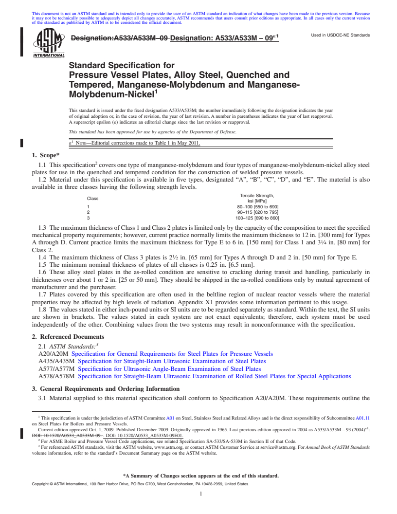 REDLINE ASTM A533/A533M-09e1 - Standard Specification for Pressure Vessel Plates, Alloy Steel, Quenched and Tempered, Manganese-Molybdenum and Manganese-Molybdenum-Nickel