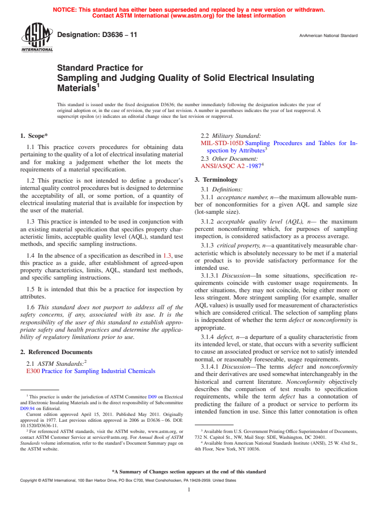 ASTM D3636-11 - Standard Practice for Sampling and Judging Quality of Solid Electrical Insulating Materials