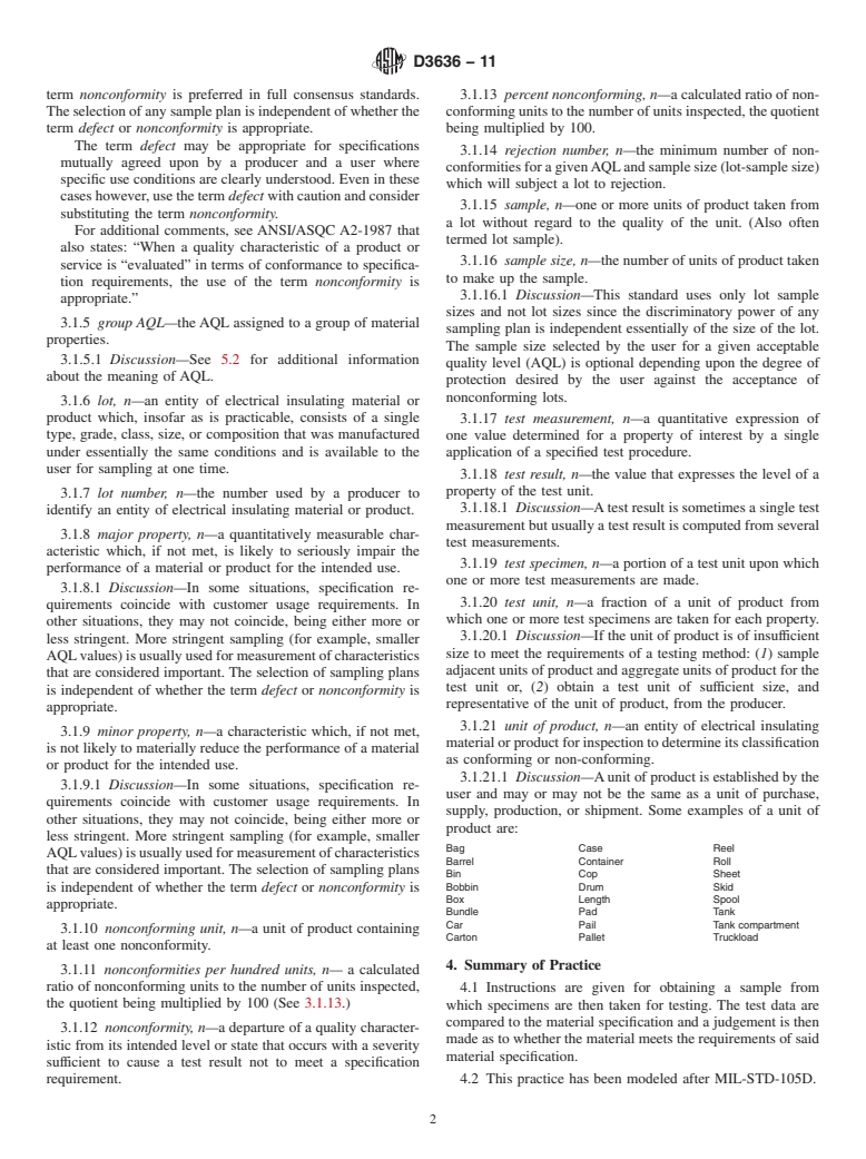 ASTM D3636-11 - Standard Practice for Sampling and Judging Quality of Solid Electrical Insulating Materials