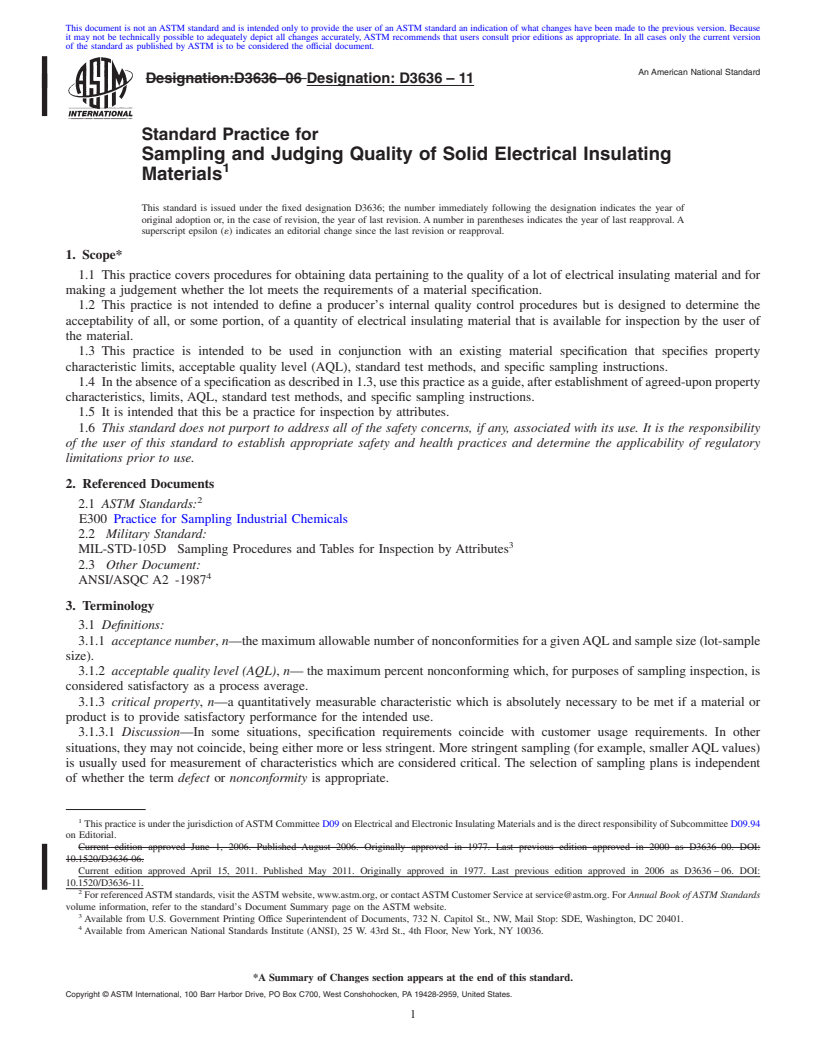 REDLINE ASTM D3636-11 - Standard Practice for Sampling and Judging Quality of Solid Electrical Insulating Materials