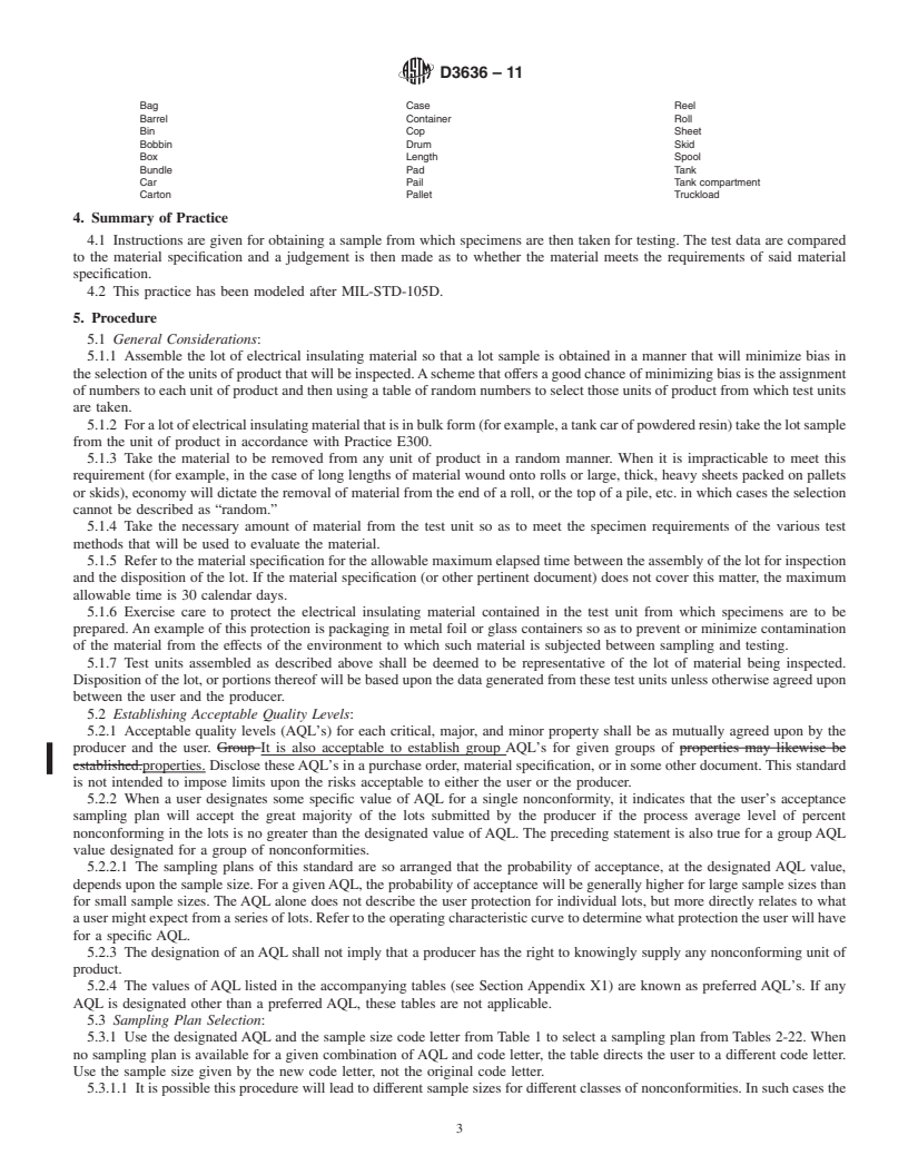 REDLINE ASTM D3636-11 - Standard Practice for Sampling and Judging Quality of Solid Electrical Insulating Materials