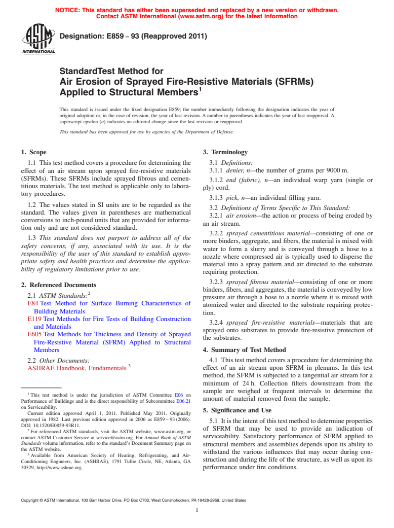 ASTM E859-93(2011) - Standard Test Method for Air Erosion of Sprayed Fire-Resistive Materials (SFRMs) Applied to Structural Members