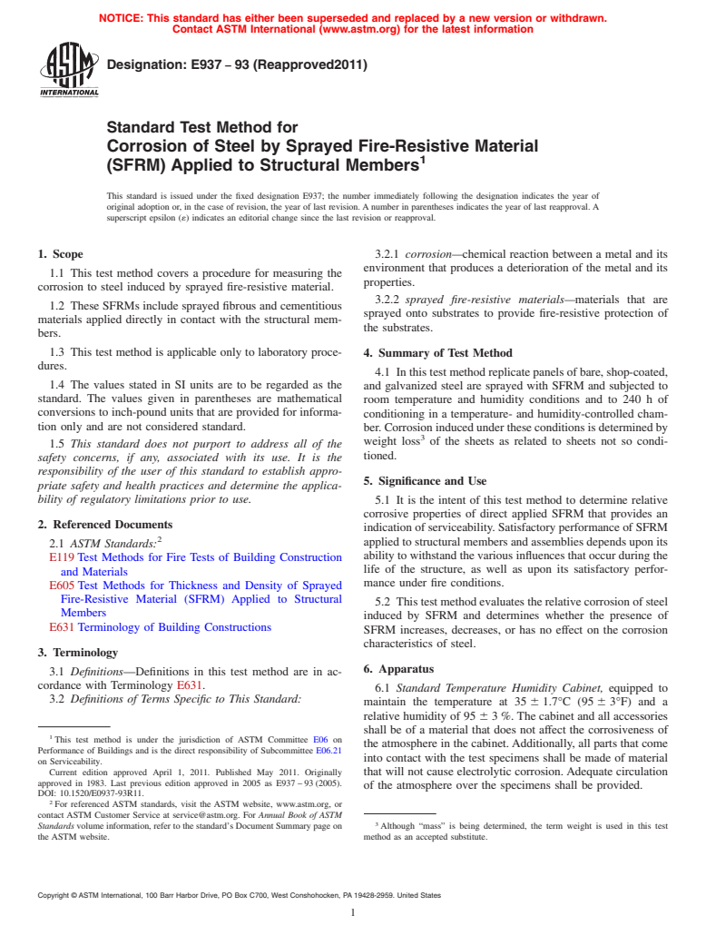 ASTM E937-93(2011) - Standard Test Method for Corrosion of Steel by Sprayed Fire-Resistive Material (SFRM) Applied to Structural Members