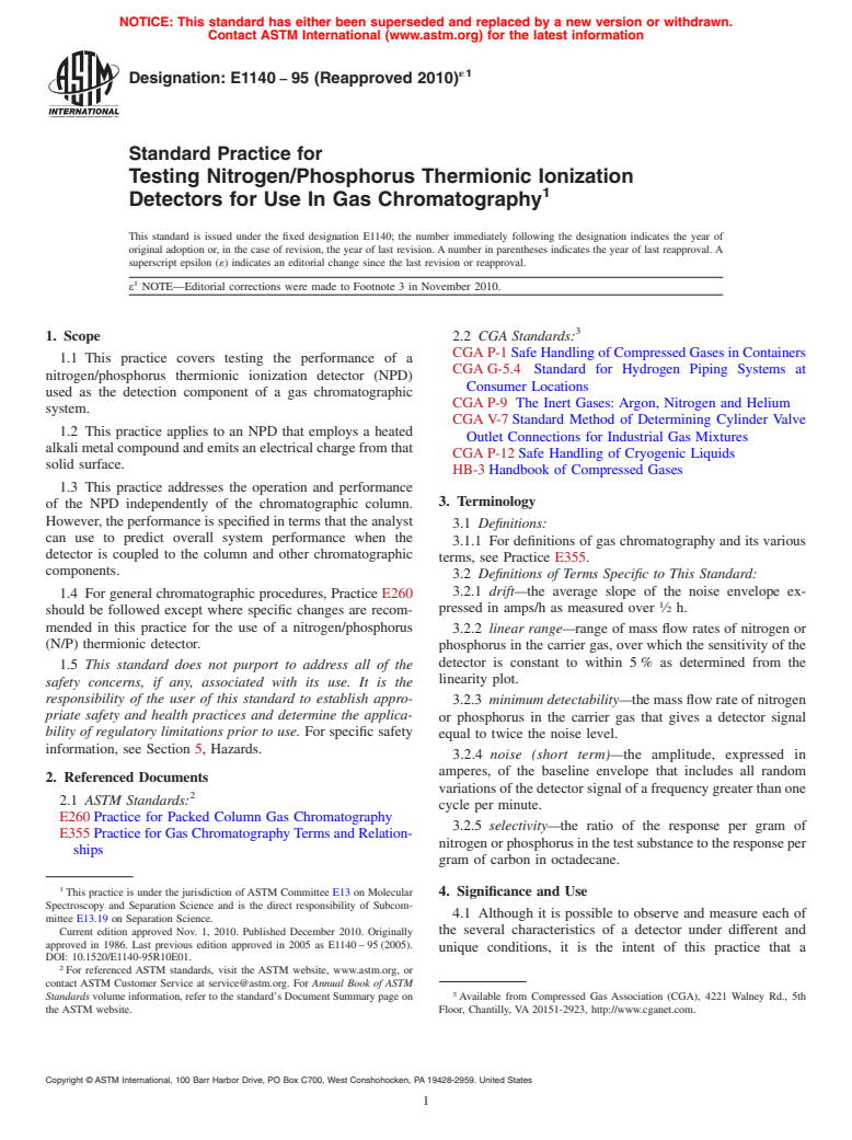 ASTM E1140-95(2010)e1 - Standard Practice for Testing Nitrogen/Phosphorus Thermionic Ionization Detectors for Use In Gas Chromatography