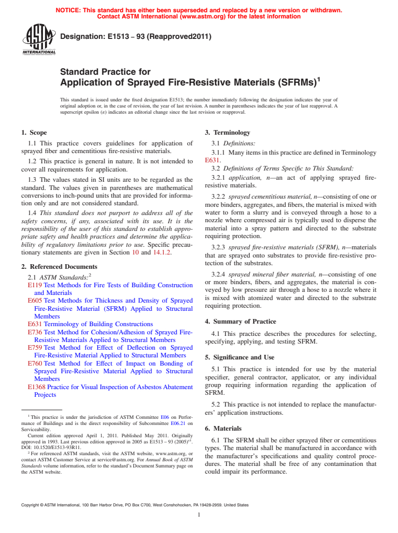 ASTM E1513-93(2011) - Standard Practice for Application of Sprayed Fire-Resistive Materials (SFRMs)