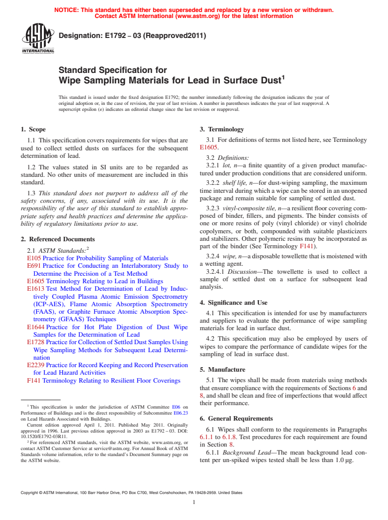 ASTM E1792-03(2011) - Standard Specification for Wipe Sampling Materials for Lead in Surface Dust