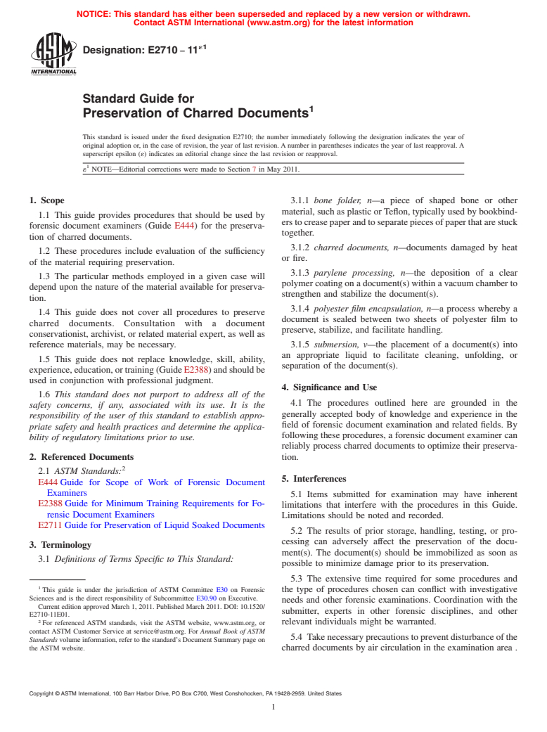 ASTM E2710-11e1 - Standard Guide for Preservation of Charred Documents (Withdrawn 2020)