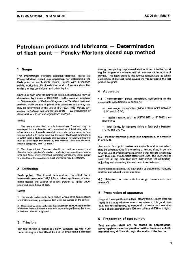 ISO 2719:1988 - Petroleum products and lubricants -- Determination of flash point -- Pensky-Martens closed cup method
