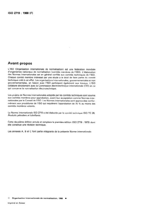 ISO 2719:1988 ISO 2719:1988 - Produits pétroliers et lubrifiants -- Détermination du point d'éclair -- Méthode Pensky-Martens en vase clos - Page 2 preview