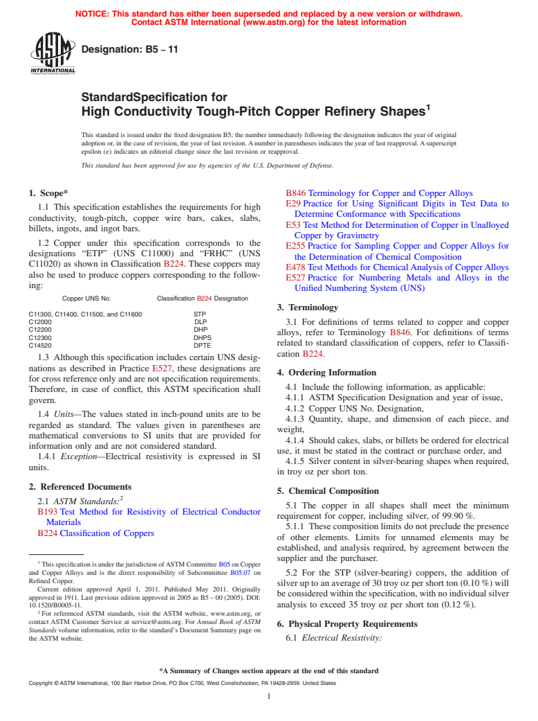 ASTM B5-11 - Standard Specification for High Conductivity Tough-Pitch Copper Refinery Shapes