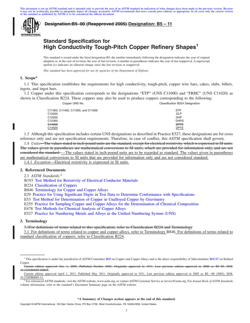 REDLINE ASTM B5-11 - Standard Specification for High Conductivity Tough-Pitch Copper Refinery Shapes