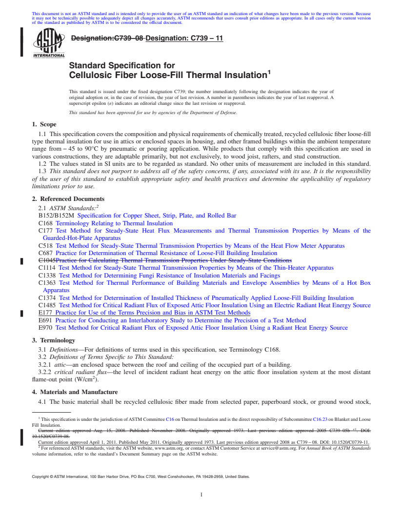 REDLINE ASTM C739-11 - Standard Specification for Cellulosic Fiber Loose-Fill Thermal Insulation