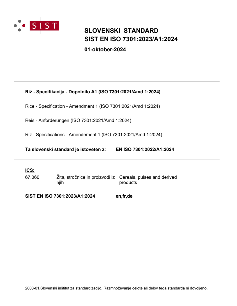 EN ISO 7301:2023/A1:2024