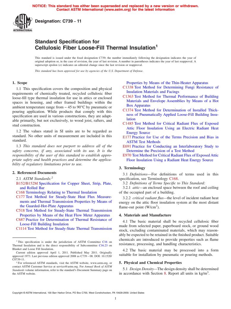 ASTM C739-11 - Standard Specification for Cellulosic Fiber Loose-Fill Thermal Insulation