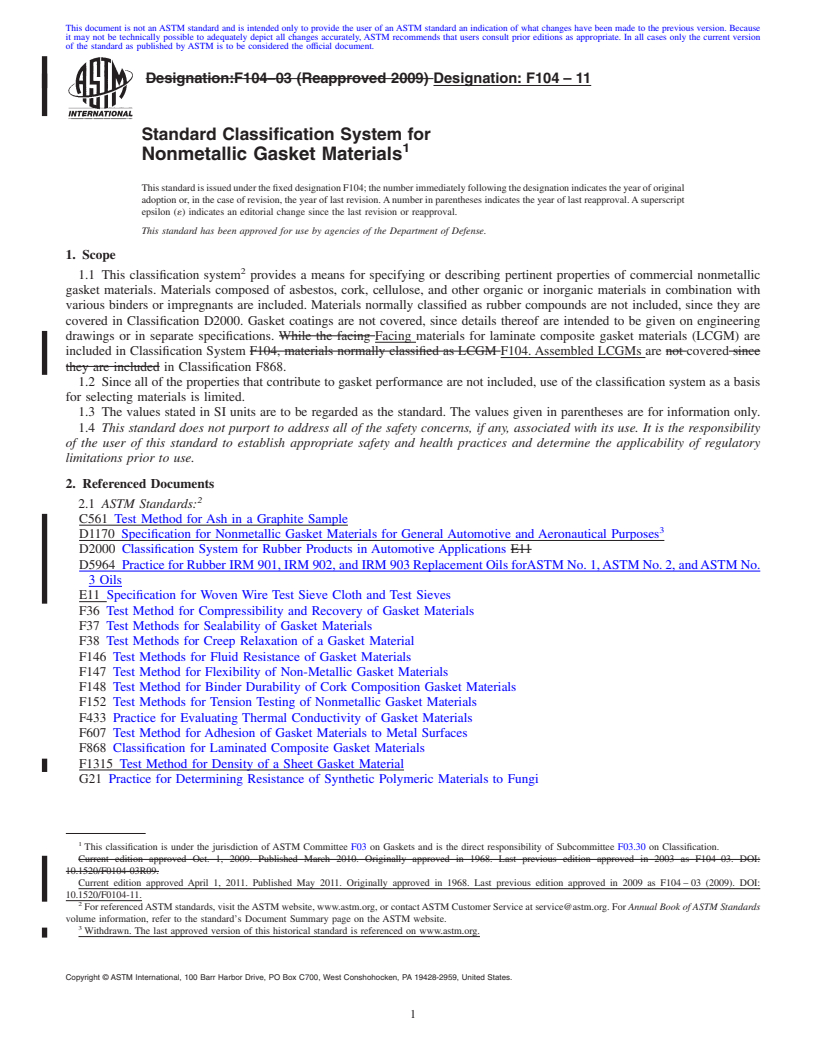 REDLINE ASTM F104-11 - Standard Classification System for Nonmetallic Gasket Materials