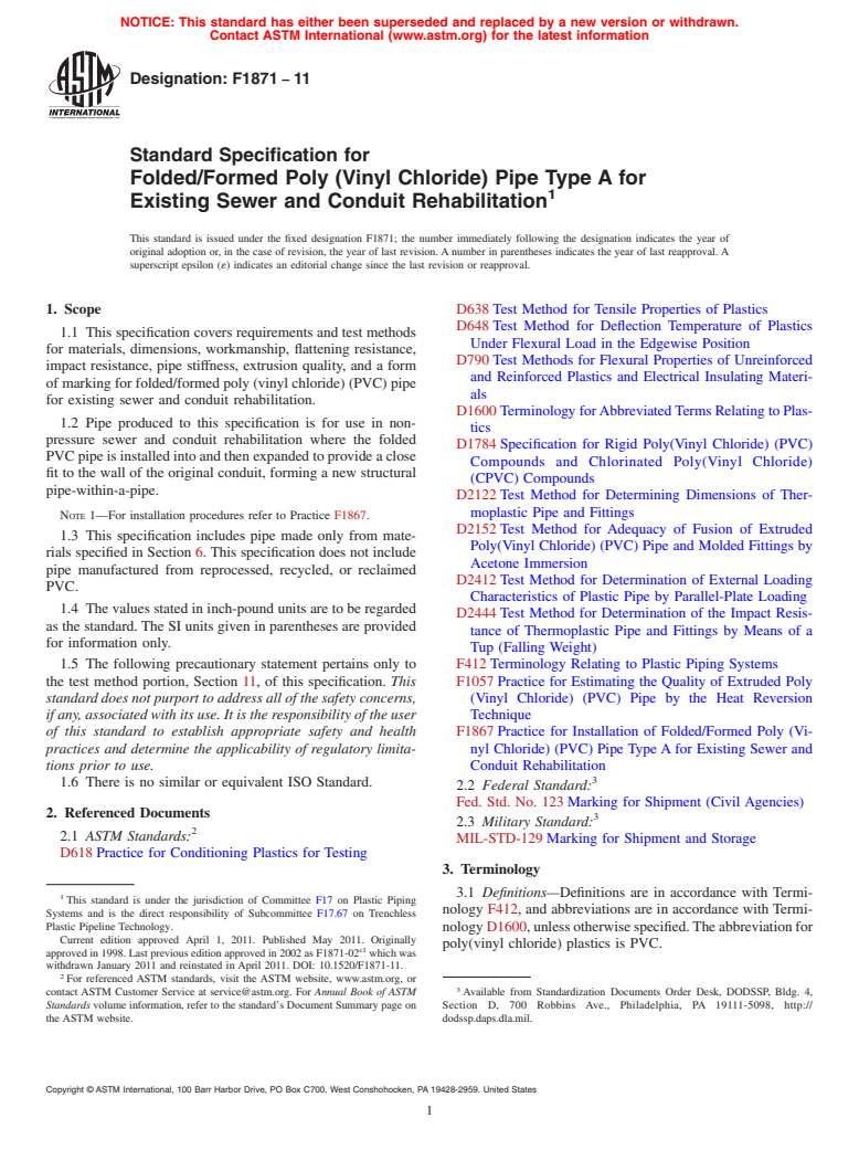 ASTM F1871-11 - Standard Specification for Folded/Formed Poly (Vinyl Chloride) Pipe Type A for Existing Sewer and Conduit Rehabilitation