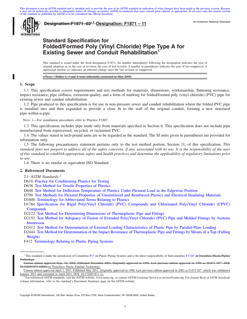 REDLINE ASTM F1871-11 - Standard Specification for Folded/Formed Poly (Vinyl Chloride) Pipe Type A for Existing Sewer and Conduit Rehabilitation